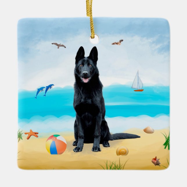 Ornamento De Cerâmica Cachorro German shepherd Negro na praia (Frente)