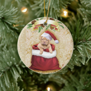 Ornamento De Cerâmica Cachorro giro num saco com brinquedos de Natal