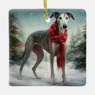 Ornamento De Cerâmica Cachorro Greyhound no Natal da Neve