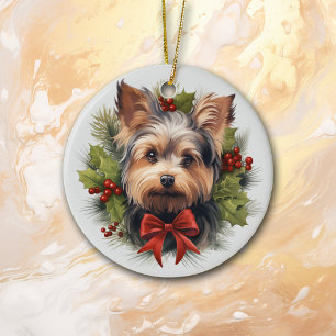 Ornamento De Cerâmica Cachorro Holly Wreath Yorkie Arco Vermelho