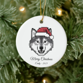Ornamento De Cerâmica Cachorro Husky de Arte Pixel com Chapéu de Papai N