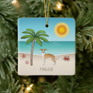Ornamento De Cerâmica Cachorro Iggy Bege e Branco em uma Praia Tropical