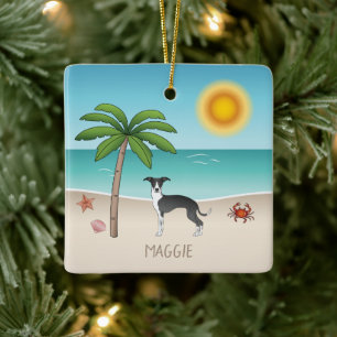 Ornamento De Cerâmica Cachorro Iggy Preto e Branco na Praia Tropical de