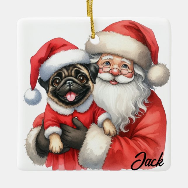 Ornamento De Cerâmica Cachorro Joyful Personalizado com Papais noeis (Frente)