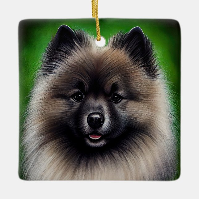 Ornamento De Cerâmica Cachorro Keeshond na Rua. (Frente)