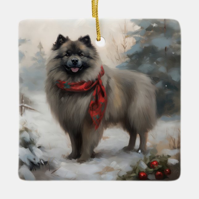 Ornamento De Cerâmica Cachorro Keeshond no Natal da Neve (Frente)