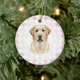 Ornamento De Cerâmica Cachorro Labrador Coquette com Laços de Ginga Rosa