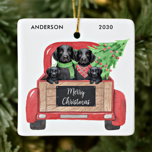Ornamento De Cerâmica Cachorro Labrador Preto Caminhão Vermelho de Natal