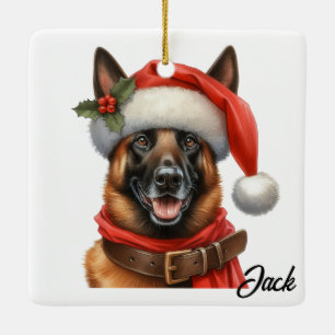 Ornamento De Cerâmica Cachorro Malinois Belga Feliz Personalizado com Ch