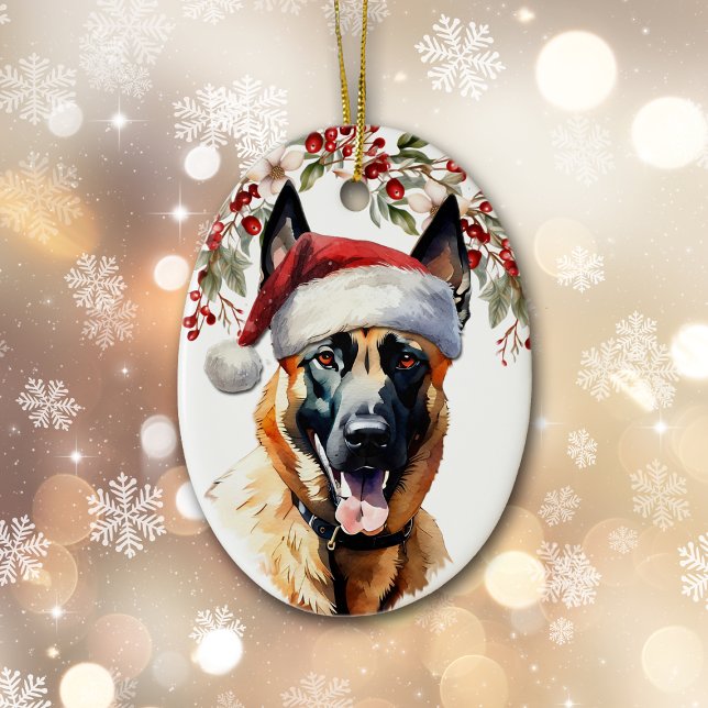 Ornamento De Cerâmica Cachorro Malinois belga Holly Berry Natal (Criador carregado)