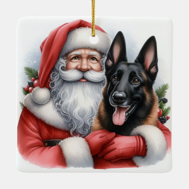Ornamento De Cerâmica Cachorro Malinois Belga Personalizado com Papais n (Verso)
