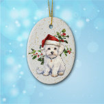 Ornamento De Cerâmica Cachorro Maltês Bonito Holly de Natal<br><div class="desc">A imagem na frente deste adorno Feriado é de um cão maltês vestindo um chapéu vermelho e branco de Papai Noel. Atrás dele está um sorvedouro de bagas sagradas e vermelhas. Pequeno confete de ouro sobre fundo branco dá um pouco de brilho no ornamento. No verso, o texto estilizado de...</div>
