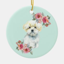 Ornamento De Cerâmica Cachorro Maluco Maltês com Flores Aquarela