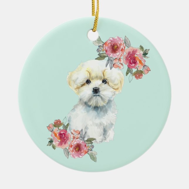 Ornamento De Cerâmica Cachorro Maluco Maltês com Flores Aquarela (Frente)