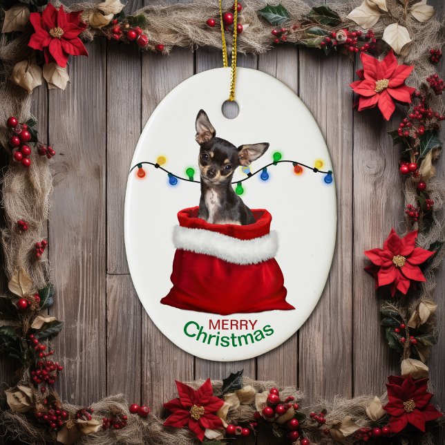 Ornamento De Cerâmica Cachorro Negro de Chihuahua no Natal do Gift Bag (Criador carregado)