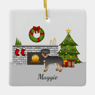 Ornamento De Cerâmica Cachorro Negro E Tan Rottweiler Numa Sala De Natal