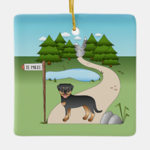 Ornamento De Cerâmica Cachorro Negro E Tan Rottweiler Por Uma Trilha De