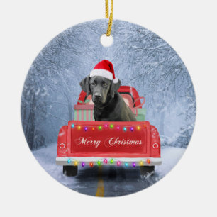Ornamento De Cerâmica Cachorro Negro Labrador na neve sentado no Natal