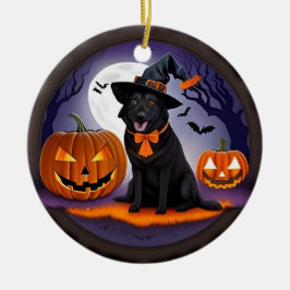 Ornamento De Cerâmica Cachorro Negro na Roupa das Bruxas com Pumpkins