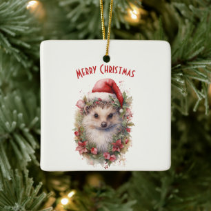 Ornamento De Cerâmica Cachorro num Natal de Santa Hat Red Poinsettia