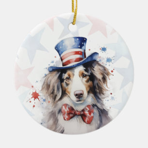 Ornamento De Cerâmica Cachorro pastor australiano, 4 de julho Personaliz