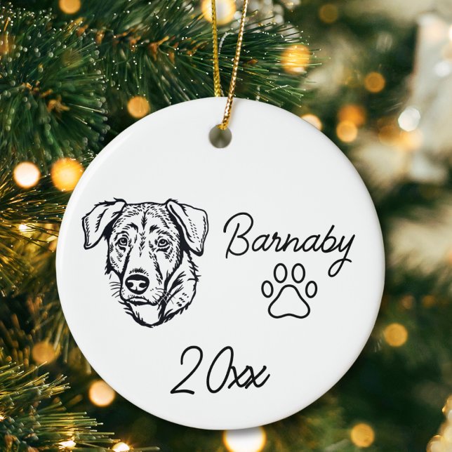 Ornamento De Cerâmica Cachorro Pastor Turco Arte de Linha Nome Personali (Turkish Shepherd Dog Custom Name and Year Ornament with Paw Print. Black and White Line Art Modern)