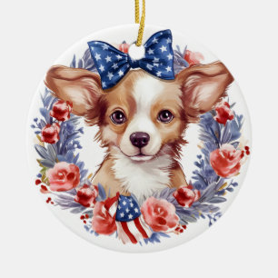 Ornamento De Cerâmica Cachorro Patriótico 4 de Julho Dia da Independênci