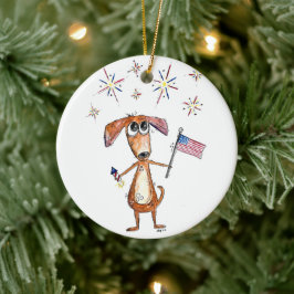 Ornamento De Cerâmica Cachorro Patriótico Caprichoso Fofo com Bandeira