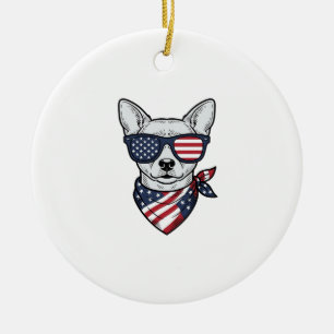 Ornamento De Cerâmica Cachorro Patriótico com Óculos de Sol de Bandeira
