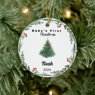 Ornamento De Cerâmica Cachorro Personalizado Bebê Primeiro Natal Aquarel