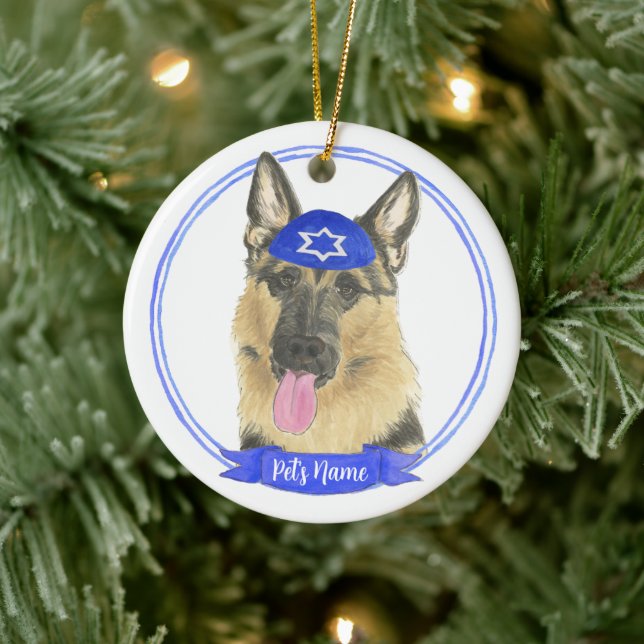 Ornamento De Cerâmica Cachorro Personalizado de German shepherd Hanukkah (Árvore)