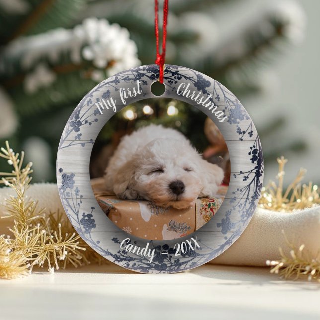 Ornamento De Cerâmica Cachorro Pet Primeiro Natal Fotos Mortes Prateadas (Criador carregado)