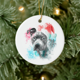 Ornamento De Cerâmica Cachorro Pitbull com Papai Noel