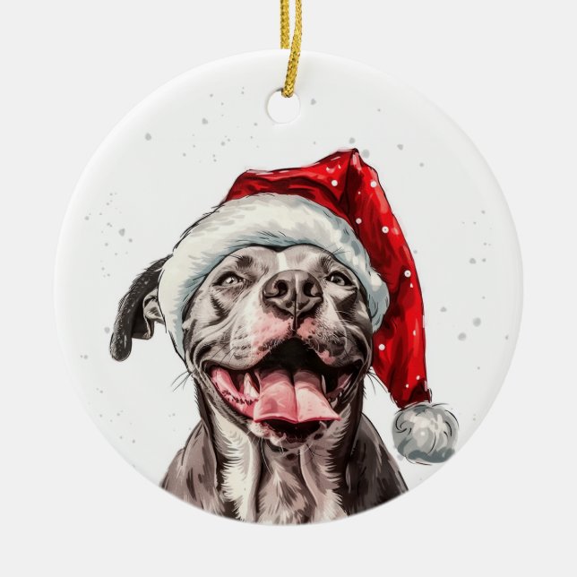 Ornamento De Cerâmica Cachorro Pitbull Feliz Natal Personalizado (Frente)