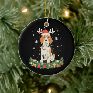 Ornamento De Cerâmica Cachorro Pointer Inglês Chapéu de Rena Luzes de Na
