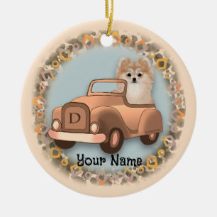 Ornamento De Cerâmica Cachorro Pomerânia Dirigindo Carro