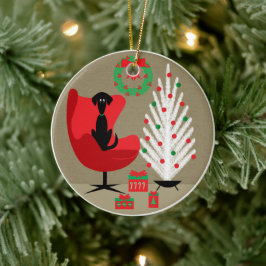 Ornamento De Cerâmica Cachorro Preto em Sala de Natal em Meados do Sécul
