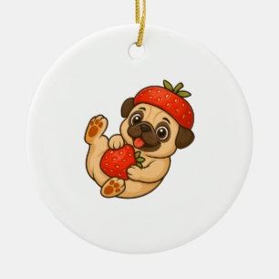 Ornamento De Cerâmica Cachorro pug fofo com morangos desenho animado doc
