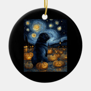Ornamento De Cerâmica Cachorro Pug preto da noite estrelada de van gogh