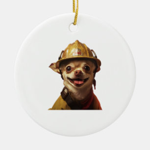 Ornamento De Cerâmica Cachorro que usa um capacete de bombeiro vermelho