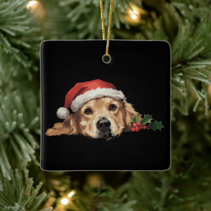 Ornamento De Cerâmica Cachorro Retriever Dourado Chapéu de Natal do Papa
