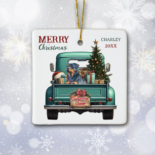 Ornamento De Cerâmica Cachorro Rottweiler Caminhão Retrô Natal