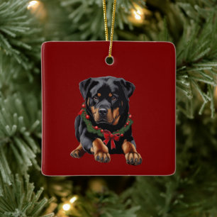Ornamento De Cerâmica Cachorro Rottweiler de Natal com Colar de Grinalda