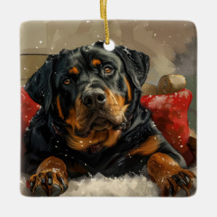 Ornamento De Cerâmica Cachorro Rottweiler Festivo de Natal