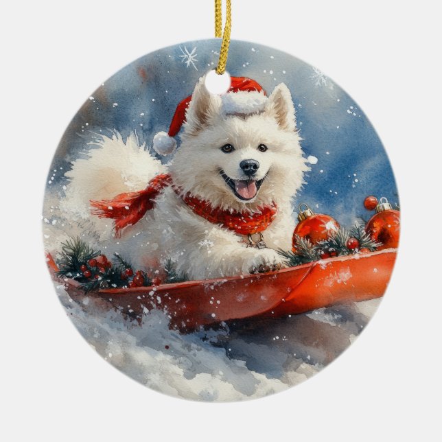 Ornamento De Cerâmica Cachorro Samojado, deixe nevar o Natal (Frente)