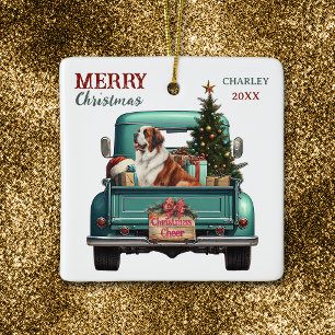 Ornamento De Cerâmica Cachorro São Bernardo Caminhonete Retrô Natal