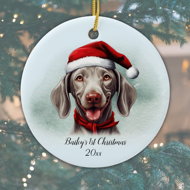 Ornamento De Cerâmica Cachorro Semimaraner Personalizado Primeiro Natal (Add Dog's Name and Year, or add other text, or delete text if not required.  Happy Pawlidays!)