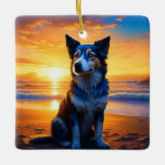 Ornamento De Cerâmica Cachorro sentado em Ocean Beach no Sunset<br><div class="desc">Um cão sentado numa praia na sunset ai art. Cachorro temeu Enfeites de natal personalizado.</div>