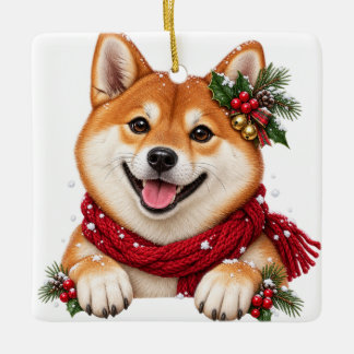 ORNAMENTO DE CERÂMICA CACHORRO SHIBA INU DE NATAL LINDO FOFO