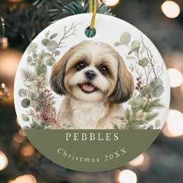 Ornamento De Cerâmica Cachorro Shih Tzu Dourado Branco Aquarela Natal